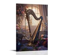 XMHMYHZJ Poster musicale con arpa e fiori davanti a una finestra, decorazione da parete, decorazione moderna da appendere, 20 x 30 cm