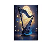 XMHMYHZJ Poster musicale di un'arpa che suona le onde mentre la luce blu brilla fuori, decorazione artistica da parete, decorazione moderna, poster artistico da appendere, 60 x 90 cm