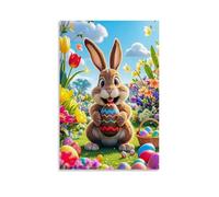 XMHMYHZJ Poster pasquale con un coniglietto che tiene un uovo di alcuni fiori, decorazione moderna da appendere, 20 x 30 cm