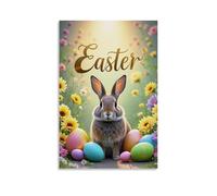 XMHMYHZJ Poster pasquale con un coniglietto felice circondato da uova dipinte in fiori, decorazione moderna da appendere, 30 x 45 cm