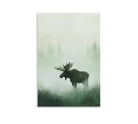 XMHMYHZJ Stampa artistica da parete, decorazione moderna da appendere, 50 x 75 cm, con alce stoica che attraversa la nebbia mattutina pallida, dipinta con profondità terrosa su una tela verde pastello