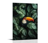 XMHMYHZJ Tela artistica da appendere con un tucano che sbircia dalle foglie, il becco luminoso dipinto con vivacità su una tela piatta verde muschio di silenzio tropicale. Decorazione artistica da