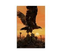 XMHMYHZJ Un avvoltoio sta su un mucchio di teschi, allargando le ali per bloccare il sole al tramonto, con bordi dorati sulle piume, decorazione artistica da parete moderna da appendere, poster