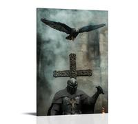 XMHMYHZJ Un falco circonda la cappella - L'armatura dei cavalieri brilla come un falco urla sopra la croce, decorazione artistica da parete moderna da appendere, poster artistico da appendere, 50 x 75