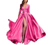 Xmiral Abito da Donna con Spacco Profondo a V in Pizzo con Paillettes, Gonna Lunga Sexy, Abito da per Banchetti, Abito con Maniche a Cinque Quarti Vestiti Matrimonio Invernale (Hot Pink, XL)