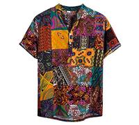 Xmiral Camicia Camicetta Uomo Etnico Manica Corta Casual Lino Cotone Stampa Hawaiana (3XL,9Giallo)