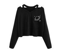 Xmiral Camicia Planet Sleeve Top Casual Tops Stampato Donne Lunghe Bluse Fashion Crop Women's Bluse Felpa Anime Viola (S,Nero #5)