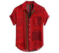 Xmiral Camicie da Uomo Camicie Casual Larghe a Maniche Corte con Colletto rovesciato Stampato Etnico Vintage (L,81Rosso)