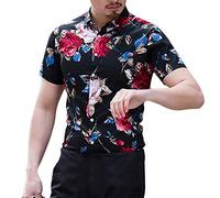 Xmiral Camicie per Uomo Camicetta Hawaiana a Maniche Corte Fiori con Stampa Classica Maglietta Lunghe Bottoni Stampati Estate (M,Nero)