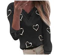 Xmiral Maglia Donna Manica Lunga Maglietta Maniche Lunghe Eleganti Casual Camicetta T-Shirt Top Camicetta Donna Cuori Stampa Collo a V in Pizzo Patchwork Manica Lunga (XL,Nero)