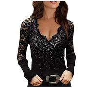 Xmiral T-Shirt con Maniche Lunghe Donna Pullover Top Donna Moda Pizzo Foratura a Caldo Manica Lunga Tinta Unita (XXL,3Nero)