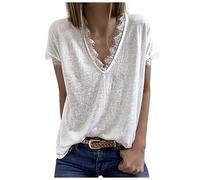 Xmiral T-Shirt Donna Estate Scollo a V Tinta Unita Manica Corta in Pizzo Patchwork Camicetta Grafica (S,1bianca)