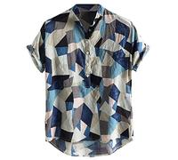 Xmiral Top Camicia da Uomo con Colletto alla Coreana Hawaiano a Maniche Corte in Cotone Stampa Vintage (XXL,22Blu)
