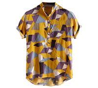 Xmiral Top Camicia da Uomo con Colletto alla Coreana Hawaiano a Maniche Corte in Cotone Stampa Vintage (3XL,22Giallo)