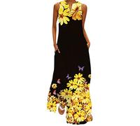 Xmiral Vestito Estivo con Tasche da Donna Senza Maniche con Stampa Scollo a V Maxi Abito Ampio Boho Beach Long (XL,1Nero)
