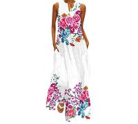 Xmiral Vestito Estivo con Tasche da Donna Senza Maniche con Stampa Scollo a V Maxi Abito Ampio Boho Beach Long (XL,1bianco)