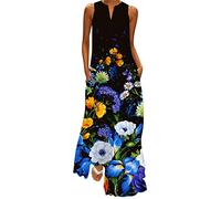 Xmiral Vestito Estivo da Donna Casual Senza Maniche con Stampa Scollo a V Maxi Vestito Largo Boho Beach Lungo Prendisole con Tasche (3XL,1- Blu)