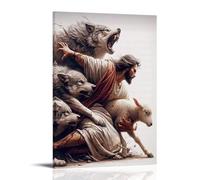 XMJHHMHZ Poster cristiano, decorazione artistica da parete con Gesù che protegge l'agnello dai lupi, decorazione moderna da appendere, 30 x 45 cm