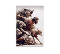 XMJHHMHZ Poster cristiano, decorazione artistica da parete con Gesù che protegge l'agnello dai lupi, decorazione moderna da appendere, 50 x 75 cm