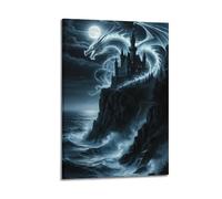 XMUXCY Poster decorativo da parete in stile moderno, per camera da letto, poster fantasy, drago, castello custodito di Moonlit Sea vanta un dipinto misterioso, 60 x 90 cm, con cornice
