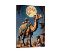 XMUXCY Poster su tela, decorazione da parete moderna per camera da letto, motivo: cammello con decorazione ornamentale sotto la luna nel deserto ha un fascino esotico 50 x 75 cm, con cornice