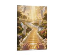 XMUXCY Poster su tela, decorazione da parete moderna per camera da letto, poster religioso con scala dorata verso il cielo con angeli ha un fascino sacro, 60 x 90 cm, stile cornice