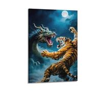 XMUXCY Stampa artistica da parete su tela, motivo cultura, dragone epico contro tigre, per camera da letto e ufficio, 60 x 90 cm