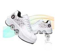 XNEOPP 2-in-1 Pattini A Rotelle Donna, Design A Doppia Fila Regolabile, Quattro Ruote Invisibile Retrattile Scarpe con Rotelle Bambina Sport All'Aperto,Pink White,EU/38