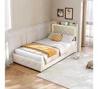 Xnferty Letto baule 90 x 200 cm e 2 tieoies, letto a doghe con illuminazione a LED e porta USB, telaio per letti con contenitore per testiera di letti, materasso non incluso (beige, 90 x 200)
