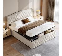 Xnferty Letto imbottito matrimoniale 140 x 200 cm, struttura del letto con spazio e rete a doghe, letto idraulico, letto imbottito con testiera, letto funzionale, senza materasso (beige, 140 x 200)