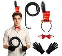 XNHIU 4 pezzi Circus Ringmaster accessori mini cappello a cilindro fascia & frusta in ecopelle & papillon rosso e guanti neri Carnevale Halloween Cosplay Costume