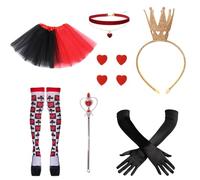 XNHIU Costume da regina del cuore, bacchetta da scettro rossa, girocollo, gonna, calzini, toppa a cuore, guanti, fascia per Halloween, accessori per costume da regina di Halloween, per donne e ragazze