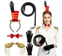 XNHIU Set da 5 pezzi per costume da maestro di circo, mini cappello a cilindro, fascia e spalline con nappa dorata, frusta, papillon e guanti, per Halloween, carnevale, sfilata