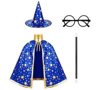 XNHIU Set di 4 mantello da strega, bacchetta magica, occhiali, cappello a punta e mantello con stelle dorate, costume cosplay per feste di Halloween (blu)