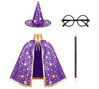 XNHIU Set di mantello da strega, 4 pezzi, bacchetta magica, occhiali, cappello a punta e mantello con stelle dorate, costume cosplay per feste di Halloween (viola)