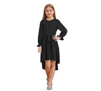 Xnihocha Abito estivo casual per bambini, linea ad A, con volant, maniche da principessa, per bambini, matrimonio, festa di compleanno, 5-12 anni, Nero , 134-140 cm