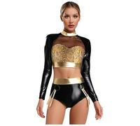 Xnihocha Costume da discoteca, 2 pezzi, metallizzato, a maniche lunghe, senza pancia, set da 80 anni '90, abbigliamento notturno, oro M