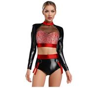 Xnihocha Costume da discoteca, 2 pezzi, metallizzato, a maniche lunghe, senza pancia, set da 80 anni '90, abbigliamento notturno, rosso, XL