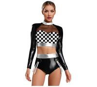 Xnihocha Costume da discoteca, 2 pezzi, metallizzato, a maniche lunghe, senza pancia, set da 80 anni '90, abbigliamento notturno, colore argento, L