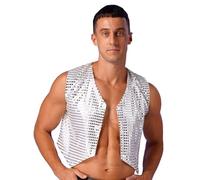 Xnihocha Gilet corto con paillettes da uomo, senza maniche, scollo a V, per feste, slim fit, canotta da discoteca, argento, S