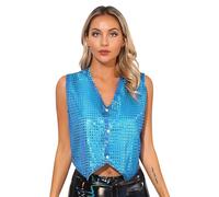 Xnihocha Gilet da donna con paillette, senza maniche, con paillettes, per feste e balli, Azzurro, Taglia unica