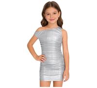 Xnihocha Mini abito da bambina con una spalla, per ragazze, per matrimoni, moderni, jazz, per la scuola, palcoscenico, abiti da sera, argento, 122-128 cm