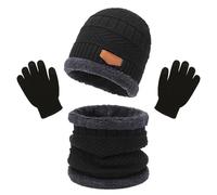 XNIVUIS 3 Pezzi Nero Set Guanti Sciarpa Beanie,Set Caldo Invernale Bambini,Berretto Lavorato a Maglia,Sciarpa in Pile,Scaldacollo per Bambini,Duanti Touch Screen per Ragazzi 3-10 Anni (Nero)