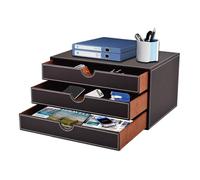 XNONE Scatola per cassetti da scrivania con 3 scomparti chiusi A4 in pelle PU, organizer per gioielli, organizer per cosmetici, apertura a forma di U, cuciture cucite a mano (marrone)