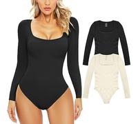 Xnova Body Donna Bodysuit a Costine Elasticizzate Body Donna Elegante con Collo a U Manica Lunga Casuale Shapewear Tops Tinta Unita Vita Quotidiana, 2PC Nero + Bianco, L