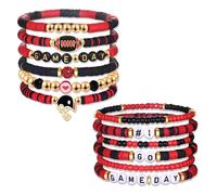 XOCARTIGE Pila di braccialetti per il giorno del gioco, abiti da donna, accessori da calcio, braccialetti elasticizzati con perline Heishi rosse e nere, gioielli sportivi per lo spirito della squadra