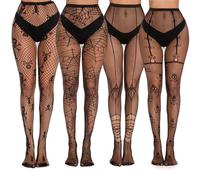 XoeLLe 4 Paia Collant Halloween Donna Sexy Calze a Rete di Halloween Vita Alta Nero Calze Scheletro Donna Fantasia Leggings per Adulti, Carnevale, Feste a Tema (Cranio Ragno)