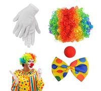 XoeLLe 4 Pezzi Costume da Clown per Bambini, Parrucca Riccia da Clown Accessori Costume Clown Naso da Clown Papillon Colorata Guanti Bianchi Costume di Carnevale per Bambino Cosplay Donna Uomo