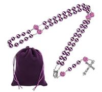 XoeLLe Collana Rosario Croce Cattolica, Perle Rosa Rosario Collana, Collana Amuleto Gioielli Religiosi, Medaglia Lourdes Croce Crocifisso, Velluto Borsa, per Cattolici Comunione Religiosa (Viola)