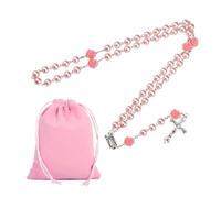 XoeLLe Collana Rosario Croce Cattolica, Perle Rosa Rosario Collana, Collana Amuleto Gioielli Religiosi, Medaglia Lourdes Croce Crocifisso, Velluto Borsa, per Cattolici Comunione Religiosa (Rosa)